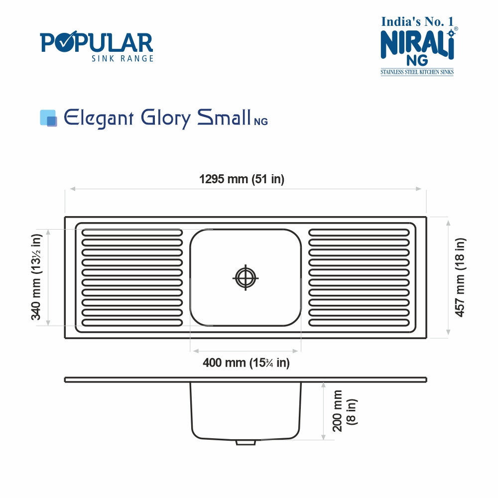 SS SINK 1.0 BOWL WITH 2 DRAIN BOARD (DEPTH 8  )ELEGANT GLORY SMALL - NIRALI -  ( GLOSSY - POPULAR SINK RANGE - 1295x457 mm - 51inchX18inch )