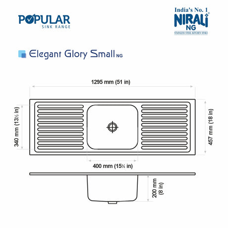 SS SINK 1.0 BOWL WITH 2 DRAIN BOARD (DEPTH 8  )ELEGANT GLORY SMALL - NIRALI -  ( GLOSSY - POPULAR SINK RANGE - 1295x457 mm - 51inchX18inch )