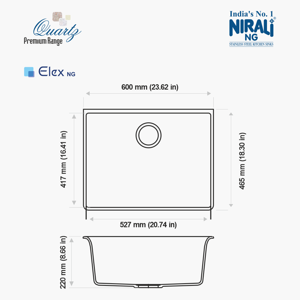 1.0 BOWL W/O DRAIN BOARD QUARTZ SINK (DEPTH 8INCH) ELEX - NIRALI -  ( BLACK GRANITE - QUARTZ PREMIUM RANGE - 600x465 mm - 23.6inchX18.3inch )
