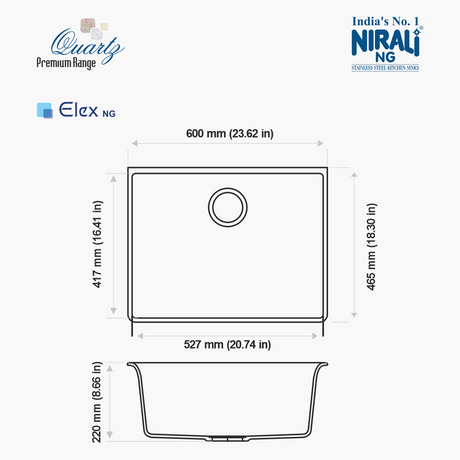 1.0 BOWL W/O DRAIN BOARD QUARTZ SINK (DEPTH 8INCH) ELEX - NIRALI -  ( BLACK GRANITE - QUARTZ PREMIUM RANGE - 600x465 mm - 23.6inchX18.3inch )