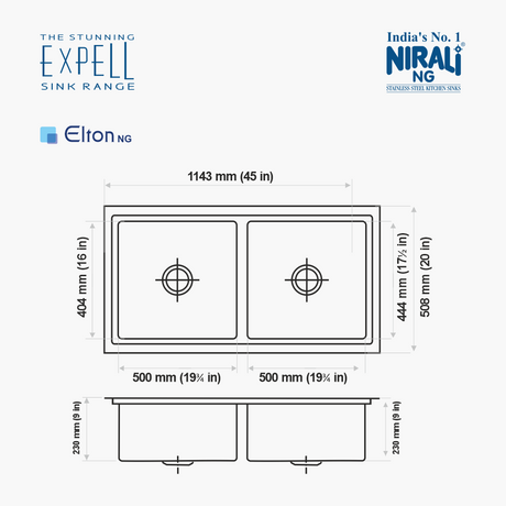 SS SINK 2.0 BOWL W/O DRAIN BOARD WITH SILICON PREMIUM ROLL MAT , 1 VEG TRAY SMALL , 2 STRAINER (DEPTH 9INCH) ELTON - NIRALI -  ( SATIN - EXPELL SINK - 1145x510 mm - 45inchX20inch )