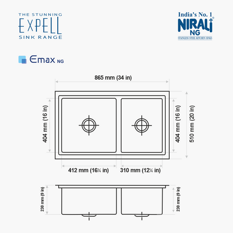 SS SINK 1.5 BOWL W/O DRAIN BOARD WITH SILICON PREMIUM ROLL MAT , 1 VEG TRAY BIG , 2 STRAINER (DEPTH 9INCH) EMAX - NIRALI -  ( SATIN - EXPELL SINK - 865x510 mm - 34inchX20inch )