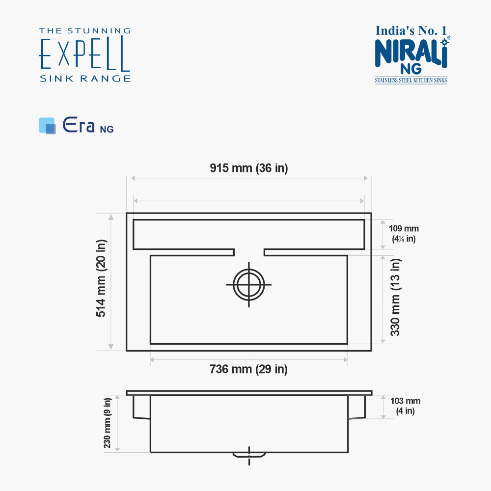 SS SINK 1.0 BOWL W/O DRAIN BOARD WITH 3 TRAYS , 1 PROTECTIVEWIRE (DEPTH 9INCH)ERA - NIRALI -  ( SATIN - EXPELL SINK - 915x514 mm - 36inchX20inch )