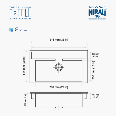 SS SINK 1.0 BOWL W/O DRAIN BOARD WITH 3 TRAYS , 1 PROTECTIVEWIRE (DEPTH 9INCH)ERA - NIRALI -  ( SATIN - EXPELL SINK - 915x514 mm - 36inchX20inch )