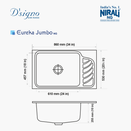 SS SINK 1.0 BOWL WITH SMALL DRAIN BOARD (DEPTH 10  )EUREKA JUMBO - NIRALI -  ( SATIN - D SIGNO - 865x510 mm - 34inchX20.75inch )