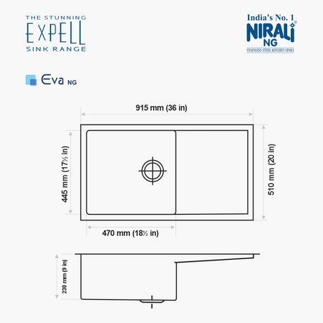 SS SINK 1.0 BOWL WITH DRAIN BOARD WITH SILICON PREMIUM ROLL MAT , 1 VEG TRAY BIG , 2 STRAINER (DEPTH 9INCH) EVA - NIRALI -  ( SATIN - EXPELL SINK - 915x510 mm - 36inchX20inch )