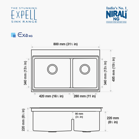 SS SINK 1.5 BOWL W/O DRAIN BOARD WITH 3 SINK LID , 1 VEG TRAY (DEPTH 8.5INCH)EXA - NIRALI -  ( SATIN - EXPELL SINK - 800x495 mm - 31.5inchX19.5inch )
