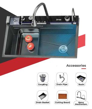 1.0 BOWL MULTIFUNCTION SS KITCHEN SINK NANO BUTTON WITH PULL OUT MIXER,RO TAP,SOAP DISPENSER,RINSER,CHOPPING BOARD,DRAIN BASKET,WASTE COUPLING, PLUMBING KIT (DEPTH 9) - FUTURA -  ( BLACK - RAINFALL - 750x450 mm - 30inchX18inch )
