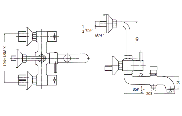 WALL MIXER 3 IN 1 - HINDWARE FAUCETS -  ( POLISHED CHROME - FLORA-NEO CLASSIC - 0x15 mm - 0inchX0.5inch )