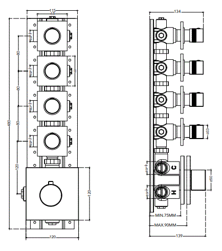 THERMOSTAT- 4 WAY - HINDWARE FAUCETS -  ( POLISHED CHROME - THERMOSTAT - 0x15 mm - 0inchX0.5inch )