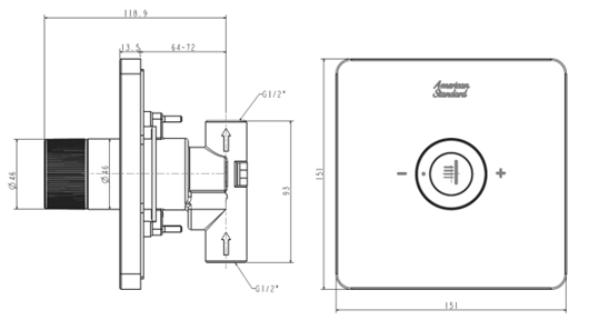 SQ CONC.BODY SHOWER CONTROLER - AMERICAN STANDARD -  ( CHROME - EASYSET - 0x15 mm - 0inchX0.5inch )