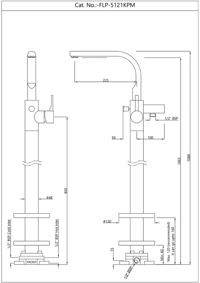 EXPOSED PARTS OF FLOOR MOUNTED SINGLE LEVER BATH MIXER - JAQUAR FAUCETS -  ( BLACK MATT - FLORENTINE PRIME - 0x15 mm - 0inchX0.5inch )