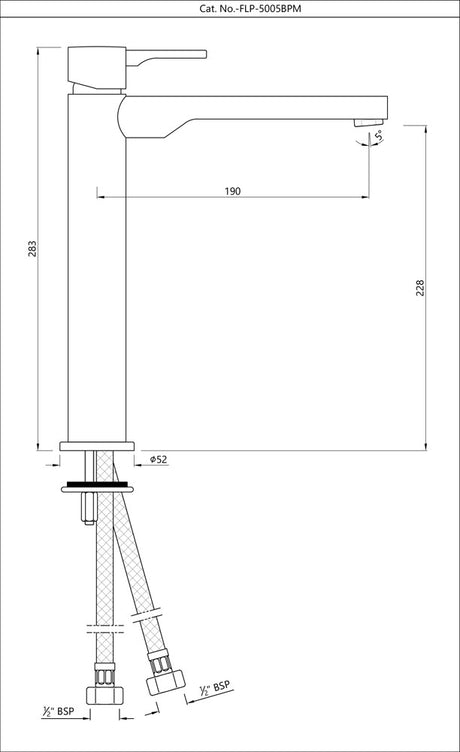 SINGLE LEVER TALL BOY WITH 190MM EXTENSION BODY FIXED SPOUT WITHOUT POPUP W/PIPES - JAQUAR FAUCETS -  ( BLACK MATT - FLORENTINE PRIME - 0x15 mm - 0inchX0.5inch )
