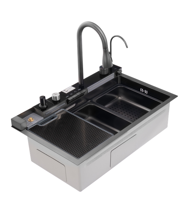1.0 BOWL MULTIFUNCTION SS KITCHEN SINK NANO BUTTON WITH PULL OUT MIXER,RO TAP,SOAP DISPENSER,RINSER,CHOPPING BOARD,DRAIN BASKET,WASTE COUPLING, PLUMBING KIT (DEPTH 9) - FUTURA -  ( BLACK - RAINFALL - 750x450 mm - 30inchX18inch )