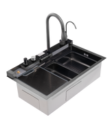 1.0 BOWL MULTIFUNCTION SS KITCHEN SINK NANO BUTTON WITH PULL OUT MIXER,RO TAP,SOAP DISPENSER,RINSER,CHOPPING BOARD,DRAIN BASKET,WASTE COUPLING, PLUMBING KIT (DEPTH 9) - FUTURA -  ( BLACK - RAINFALL - 750x450 mm - 30inchX18inch )