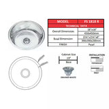 SS KITCHEN SINK 1.0 BOWL ROUND (DEPTH 8INCH) WASTE COUPLING WITH PLUMBING KIT - FUTURA -  ( SATIN - DURA - 450x450 mm - 18inchX18inch )