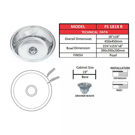 SS KITCHEN SINK 1.0 BOWL ROUND (DEPTH 8INCH) WASTE COUPLING WITH PLUMBING KIT - FUTURA -  ( SATIN - DURA - 450x450 mm - 18inchX18inch )