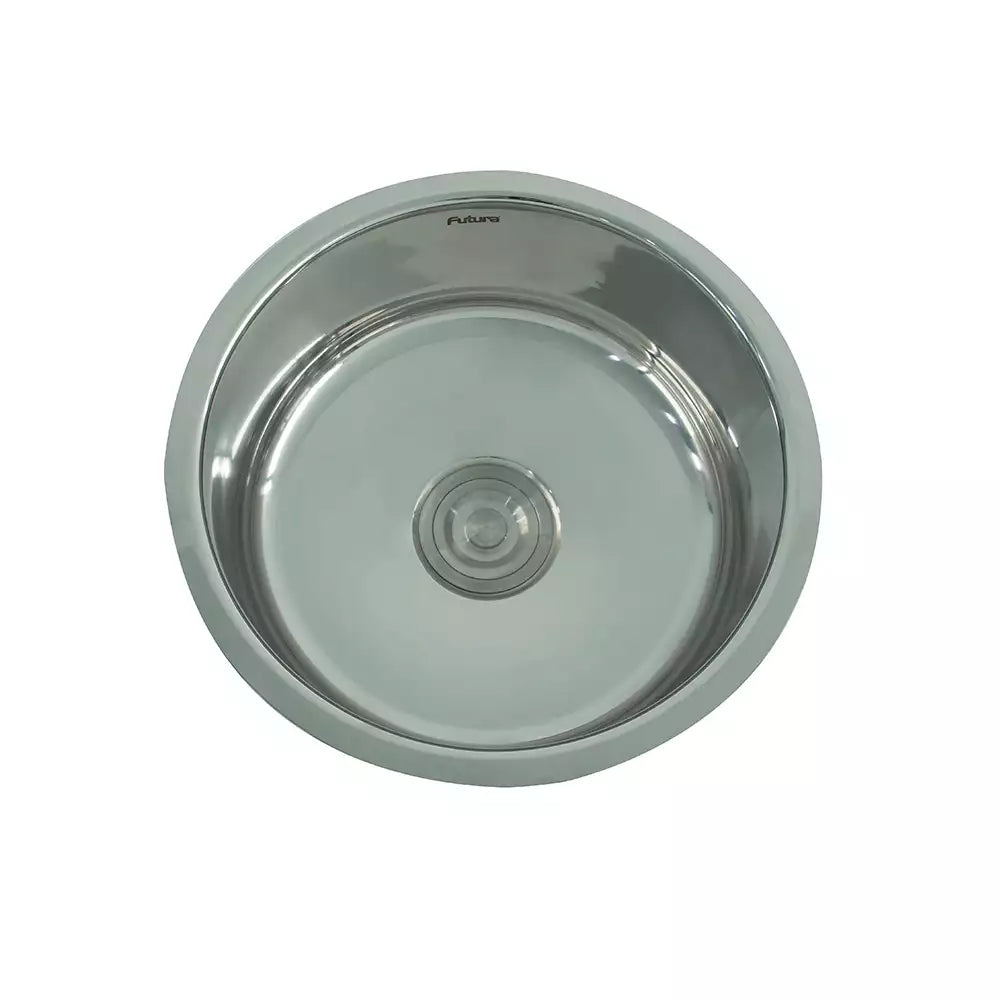 SS KITCHEN SINK 1.0 BOWL ROUND (DEPTH 8INCH) WASTE COUPLING WITH PLUMBING KIT - FUTURA -  ( SATIN - DURA - 450x450 mm - 18inchX18inch )