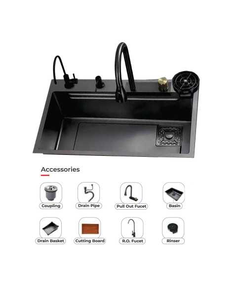1.0 BOWL MULTIFUNCTION SS KITCHEN SINK WITH PULL OUT MIXER,RO TAP,RINSER,CHOPPING BOARD,DRAIN BASKET,WASTE COUPLING, PLUMBING KIT (DEPTH 9) - FUTURA - (SS SATIN - RAINFALL - 750x450 mm - 30inchX18inch)