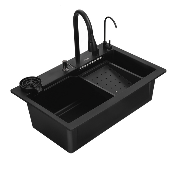 1BOWL MULTIF GRANITE QUARTZ SINK W/FR001 WASTECOUPLING,FR002 DRAINKIT W/OVERFLOW,FR003 PULLOUT FAUCET,FR005 COLANDER,FR006 CHOPING BRD,FR007 RO TAP W/KNOB,FR008 GLS RINSER,FR009 SOAP DISPENS-FUTURA - (BLACK - GRANITE QUARTZ - 750x500 mm - 30inchX20inch)