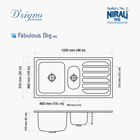 SS SINK 1.0 BOWL WITH DRAIN BOARD & VEG BOWL (DEPTH 8.5INCH)FABULOUS BIG - NIRALI -  ( ANTI-SCRATCH - D SIGNO - 1220x510 mm - 48inchX20inch )