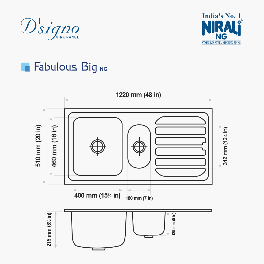 SS SINK 1.0 BOWL WITH DRAIN BOARD & VEG BOWL (DEPTH 8.5INCH)FABULOUS BIG - NIRALI -  ( SATIN - D SIGNO - 1220x510 mm - 48inchX20inch )