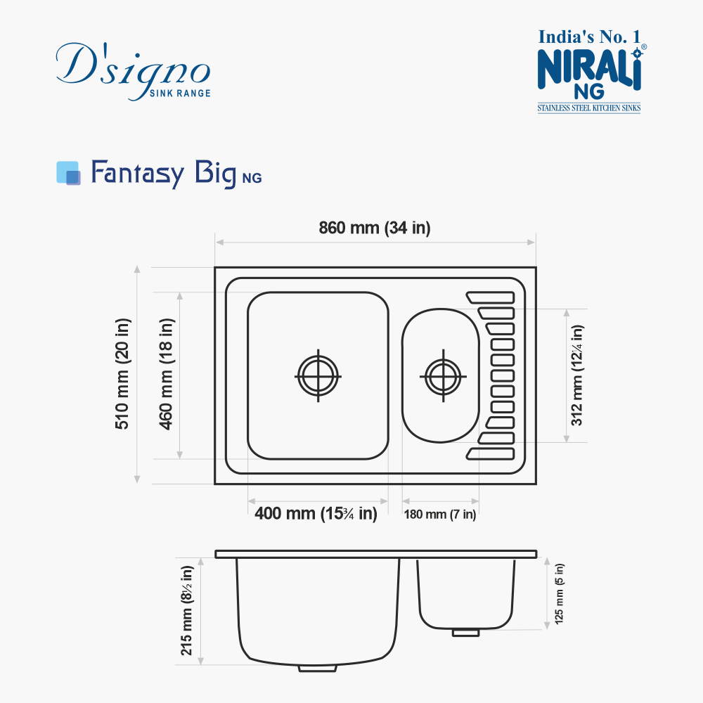 SS SINK 1.0 BOWL WITH VEG BOWL (DEPTH 8.5INCH)FANTASY BIG - NIRALI -  ( SATIN - D SIGNO - 860x510 mm - 34inchX20inch )