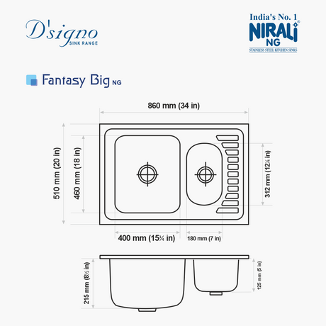 SS SINK 1.0 BOWL WITH VEG BOWL (DEPTH 8.5INCH)FANTASY BIG - NIRALI -  ( SATIN - D SIGNO - 860x510 mm - 34inchX20inch )