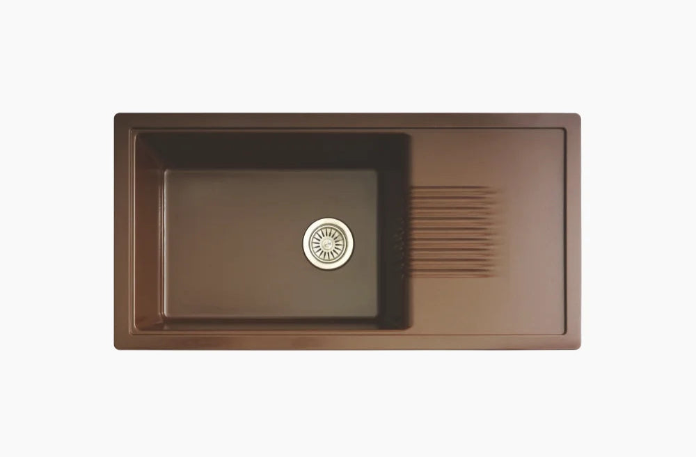 QUARTZ SINK 1.0 BOWL WITH DRAIN BOARD (DEPTH 9INCH) FIONA - NIRALI -  ( METALLIC BROWN - QUARTZ ELITE RANGE - 915x457 mm - 36inchX18inch )