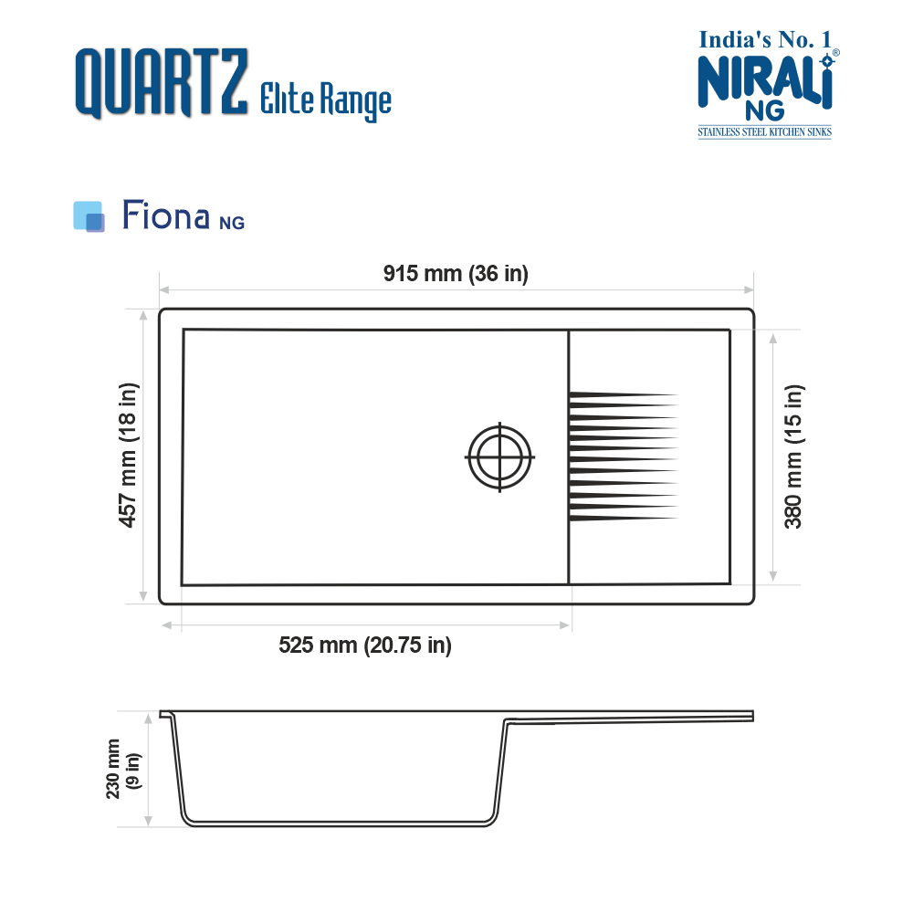 QUARTZ SINK 1.0 BOWL WITH DRAIN BOARD (DEPTH 9INCH) FIONA - NIRALI -  ( GRANITE LIGHT GREY - QUARTZ ELITE RANGE - 915x457 mm - 36inchX18inch )