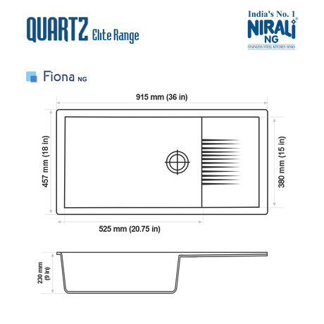 QUARTZ SINK 1.0 BOWL WITH DRAIN BOARD (DEPTH 9INCH) FIONA - NIRALI -  ( GRANITE LIGHT GREY - QUARTZ ELITE RANGE - 915x457 mm - 36inchX18inch )
