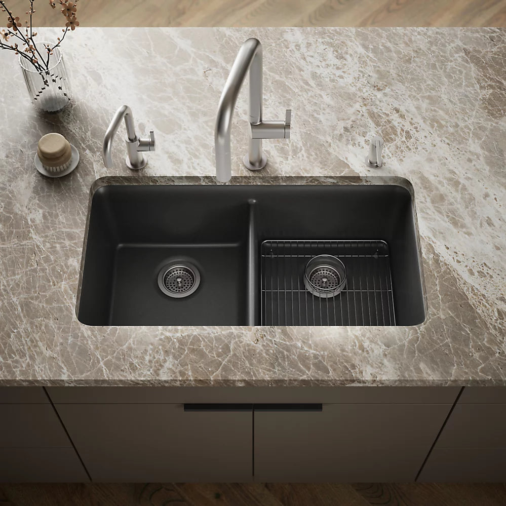CAIRN NEOROC QUARTZ UNDERMOUNT DOUBLE EQUAL SINK W/RACK - KOHLER LUXURY -  ( MATTE GRAPHITE - LUXURY - 851x465 mm - 34inchX18.6inch )