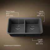 CAIRN NEOROC QUARTZ UNDERMOUNT DOUBLE EQUAL SINK W/RACK - KOHLER LUXURY -  ( MATTE GRAPHITE - LUXURY - 851x465 mm - 34inchX18.6inch )