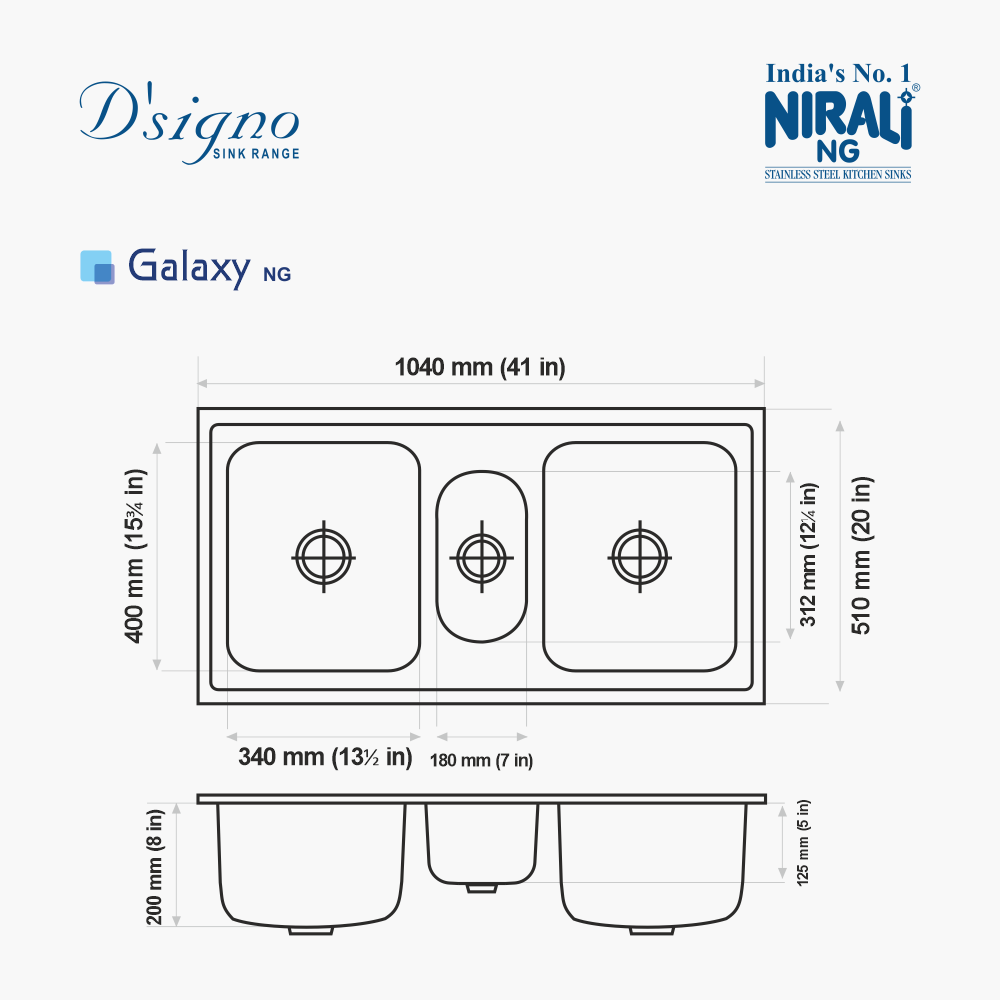 SS SINK GALAXY (DEPTH 8  ) - NIRALI -  ( ANTI-SCRATCH - D SIGNO - 1040x510 mm - 41inchX20inch )