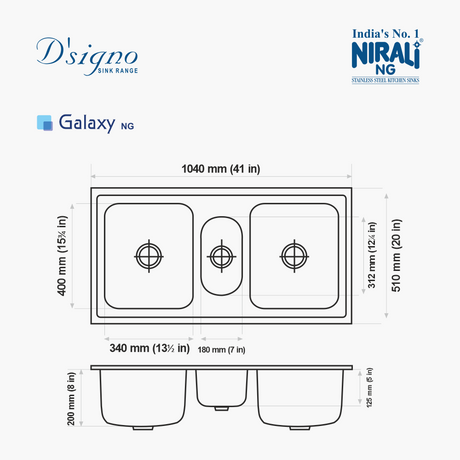 SS SINK GALAXY (DEPTH 8  ) - NIRALI -  ( ANTI-SCRATCH - D SIGNO - 1040x510 mm - 41inchX20inch )
