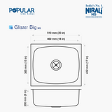 SS SINK GLISTER BIG 1.0 BOWL W/DRAINBOARD (DEPTH 8INCH)GLISTER BIG - NIRALI  -  ( SATIN - POPULAR SINK RANGE - 510x432 mm - 20inchX17inch )