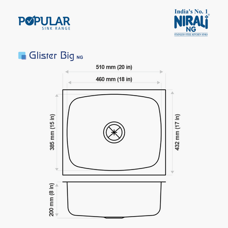 SS SINK GLISTER BIG 1.0 BOWL W/DRAINBOARD (DEPTH 8INCH)GLISTER BIG - NIRALI  -  ( SATIN - POPULAR SINK RANGE - 510x432 mm - 20inchX17inch )