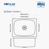 SS SINK 1.0 BOWL W/O DRAIN BOARD (DEPTH 10INCH) GLISTER JUMBO - NIRALI -  ( SATIN - POPULAR SINK RANGE - 685x535 mm - 27inchX20inch )