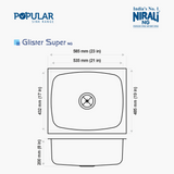 SS SINK 1.0 BOWL W/O DRAIN BOARD (DEPTH 8INCH) GLISTER SUPER - NIRALI -  ( SATIN - POPULAR SINK RANGE - 585x485 mm - 23inchX19inch )