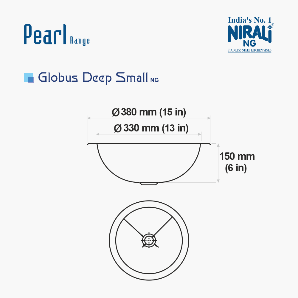 SS SINK 1.0 BOWL (DEPTH 6.25  ) GLOBUS DEEP SMALL - NIRALI -  ( SATIN - PEARL RANGE - 0x380 mm - 0inchX15inch )