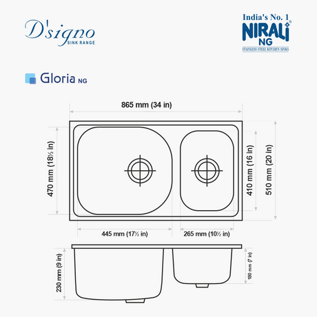 SS SINK 1.5 BOWL W/O DRAIN BOARD (DEPTH 9  ) GLORIA BIG - NIRALI -  ( SATIN - D SIGNO - 865x510 mm - 34inchX20inch )