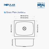 SS SINK 1.0 BOWL W/O DRAIN BOARD(DEPTH 10  )GRACE PLAIN JUMBO - NIRALI -  ( SATIN - POPULAR SINK RANGE - 685x535 mm - 27inchX21inch )