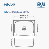 SS SINK 1.0 BOWL W/O DRAIN BOARD (DEPTH 10  ) GRACE PLAIN LARGE - NIRALI -  ( ANTI-SCRATCH - POPULAR SINK RANGE - 610x460 mm - 24inchX18inch )