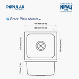 SS SINK 1.0 BOWL W/O DRAIN BOARD (DEPTH 7.5  )GRACEPLAIN MASTER - NIRALI -  ( SATIN - POPULAR SINK RANGE - 410x355 mm - 16inchX14inch )