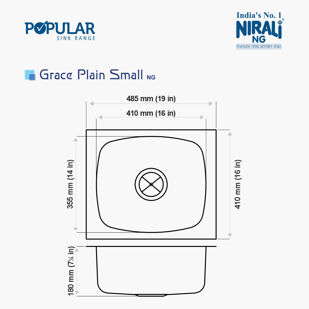 SS SINK 1.0 BOWL W/O DRAIN BOARD (DEPTH 6.5  )GRACE PLAIN SMALL - NIRALI -  ( ANTI-SCRATCH - POPULAR SINK RANGE - 485x410 mm - 19inchX16inch )