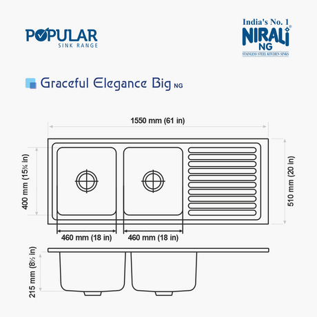 SS SINK 2.0 BOWL WITH DRAIN BOARD (DEPTH 8.5INCH) GRACEFUL ELEGANCE BIG - NIRALI -  ( ANTI-SCRATCH - POPULAR SINK RANGE - 1550x510 mm - 61inchX20inch )
