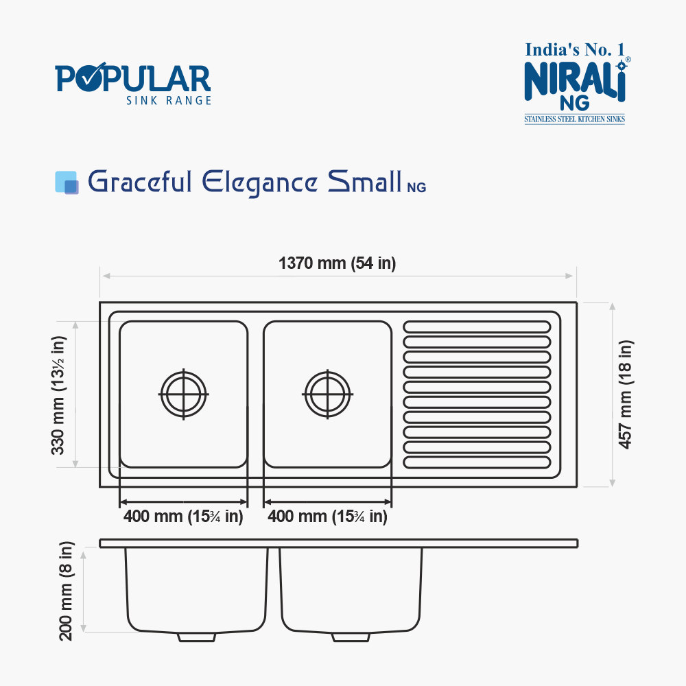 SS SINK 2.0 BOWL WITH DRAIN BOARD (DEPTH 8INCH) GRACEFUL ELEGANCE SMALL - NIRALI -  ( GLOSSY - POPULAR SINK RANGE - 1370x457 mm  - 54inchX18inch )