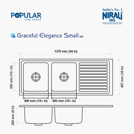 SS SINK 2.0 BOWL WITH DRAIN BOARD (DEPTH 8INCH) GRACEFUL ELEGANCE SMALL - NIRALI -  ( GLOSSY - POPULAR SINK RANGE - 1370x457 mm  - 54inchX18inch )