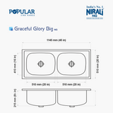 SS SINK 2.0 BOWL W/O DRAIN BOARD  (DEPTH 8.5  )GRACEFUL GLORY BIG - NIRALI -  ( SATIN - POPULAR SINK RANGE - 1145x510 mm - 45inchX20inch )
