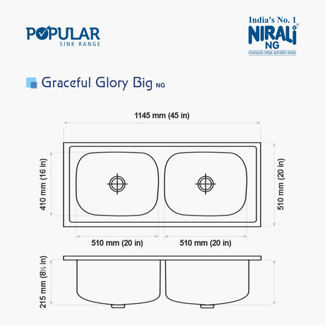 SS SINK 2.0 BOWL W/O DRAIN BOARD  (DEPTH 8.5  )GRACEFUL GLORY BIG - NIRALI -  ( SATIN - POPULAR SINK RANGE - 1145x510 mm - 45inchX20inch )